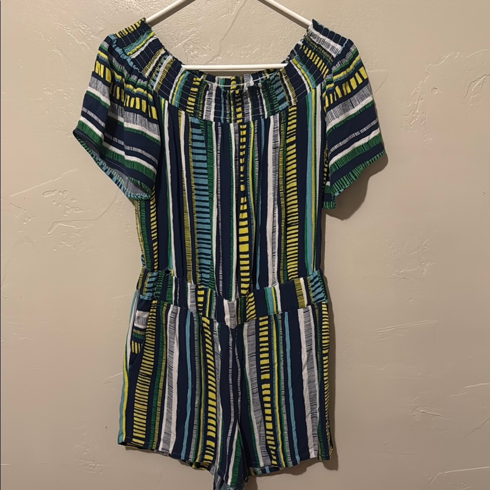 LOFT Striped Romper in Green, Blue, and Yellow XSmall